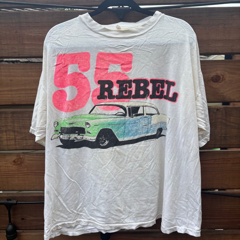 Sun Sportswear 55 Rebel T-Shirt Mens XL White Distressed Vintage Car Graphic
